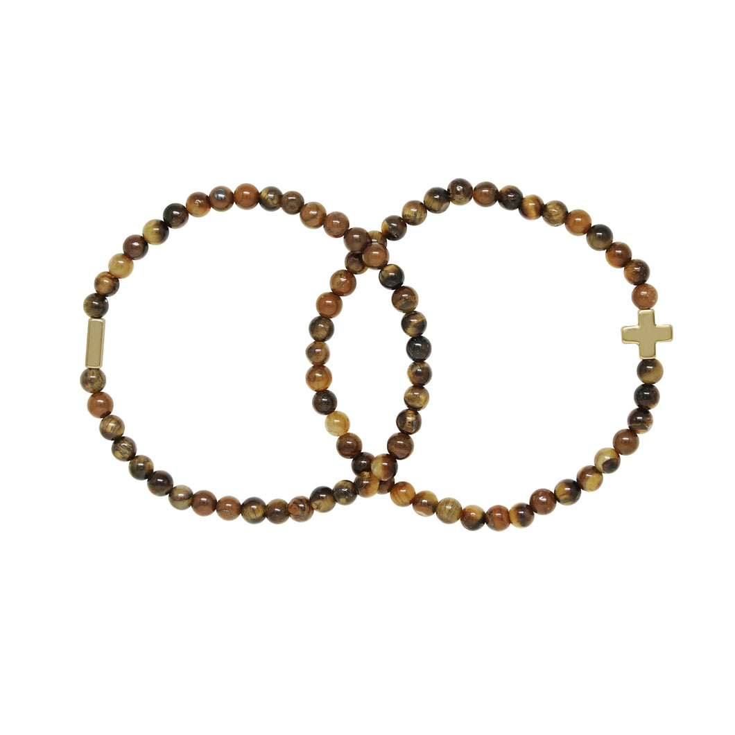 TIGER'S EYE & GOLD ELASTIC BRACELET SET OF 2