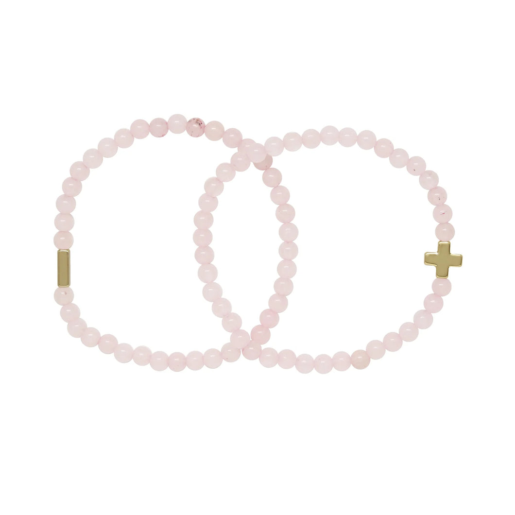 ROSE QUARTZ & GOLD ELASTIC BRACELET SET OF 2